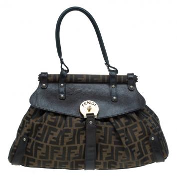 Pre Owned Fendi Tobacco Zucca Canvas and Leather Medium Magic Bag