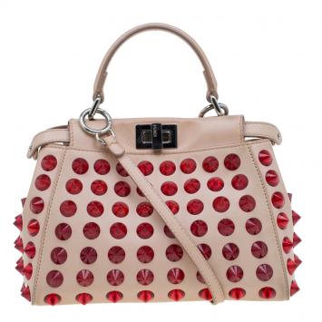 مملوكة مسبقًا Fendi Pink/Red Leather Mini Studded Peekaboo Top Handle Bag