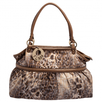Pre Owned Fendi Brown/Beige Zucca and Leopard Print Fabric and Lizard Trim Chef Tote