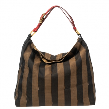 Pre Owned Fendi Tobacco/Red Pequin Striped Canvas and Leather Large Hobo