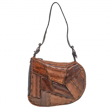 Pre Owned Fendi Brown/Black Wool/Lizard and Wooden Patchwork Oyster Bag