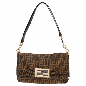 Pre Owned Fendi Tobacco Zucca Canvas and Patent Leather Mia Flap Bag