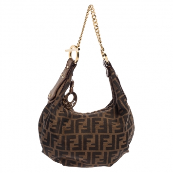 Pre Owned Fendi Tobacco Zucca Canvas and Patent Leather Chef Chain Link Hobo