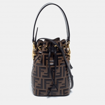 Pre Owned Fendi Brown/Black Zucca Leather Mini Mon Tresor Drawstring Bucket Bag