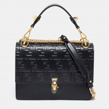 Pre Owned Fendi Black Leather Kan I Logo Embossed Top Handle Shoulder Bag
