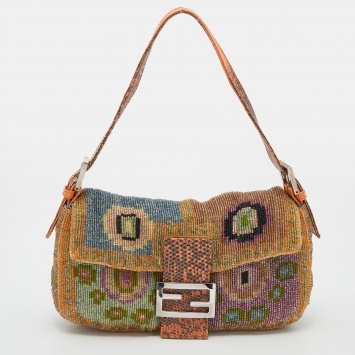 Pre Owned Fendi Multicolor Beaded and Lizard Baguette Bag