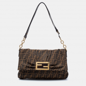 Pre Owned Fendi Tobacco Zucca Canvas and Patent Leather Mia Flap Bag
