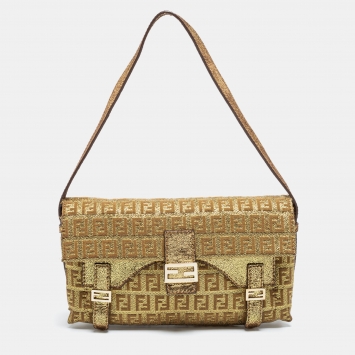 Pre Owned Fendi Gold FF Brocade Fabric Mama Baguette Bag