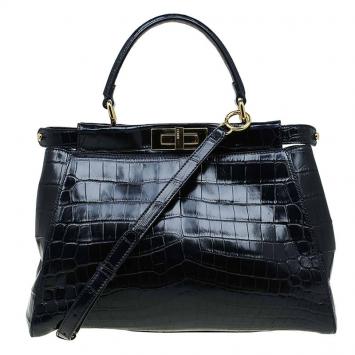 Pre Owned Fendi Black Crocodile Medium Peekaboo Top Handle Bag