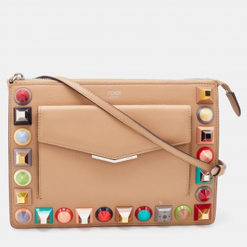 Pre Owned Fendi Beige Leather Rainbow Studded Crossbody Bag
