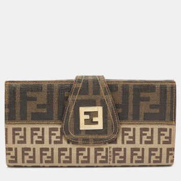Pre Owned Fendi Beige Zucchino Coated Canvas FF Flap Continental Wallet