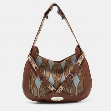 Pre Owned Fendi Brown Logo Canvas and Selleria Leather Buckle Hobo