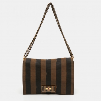 Pre Owned Fendi Tobacco Pequin Stripe Canvas Large Claudia Shoulder Bag