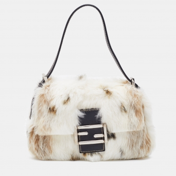 Pre Owned Fendi White/Brown Rabbit Fur Baguette Bag