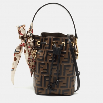 Pre Owned Fendi Brown/Black Zucca Leather Mini Mon Tresor Drawstring Bucket Bag