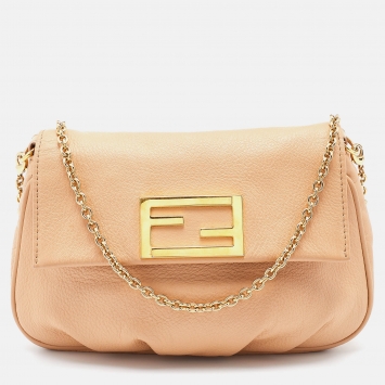 Pre Owned Fendi Beige Leather Mia Chain Crossbody Bag