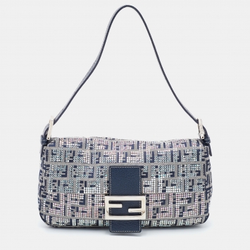 Pre Owned Fendi Navy Blue Fabric Zucchino Crystal Embellished Baguette