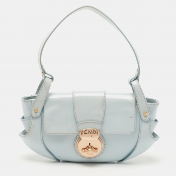 Pre Owned Fendi Light Blue Glossy Leather Compilation Hobo