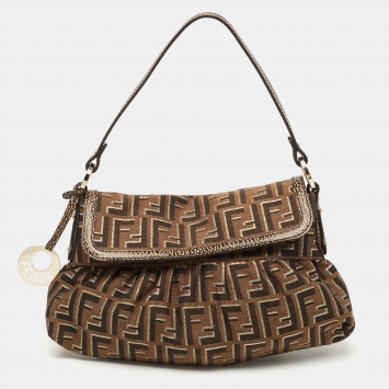 Pre Owned Fendi Tobacco/Gold Zucca Canvas and Textured Leather Chef Flap Shoulder Bag