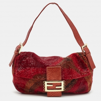 Pre Owned Fendi Red/Orange Beads and Snakeskin Baguette Bag