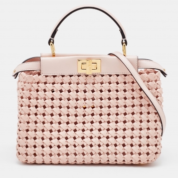 Pre Owned Fendi Pink Woven Leather Mini Peekaboo Top Handle Bag