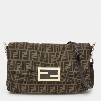 Pre Owned Fendi Tobacco Zucca Canvas and Patent Leather Mia Flap Bag