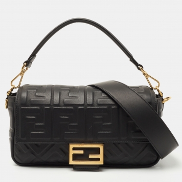 Pre Owned Fendi Black Zucca Embossed Leather Medium Baguette Bag