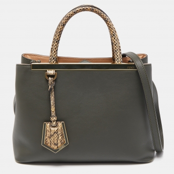 Pre Owned Fendi Dark Green/Cream Leather and Python Petite Limited Edition 1/1 2Jours Tote 