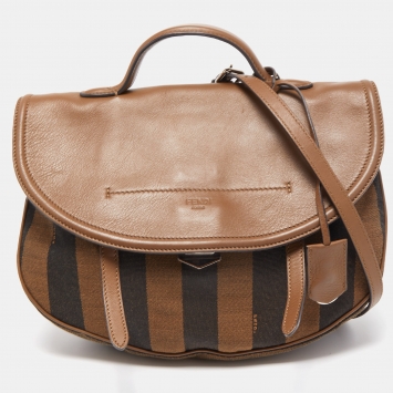 Pre Owned Fendi Tobacco Stripe Canvas and Leather Saddle Top Handle Bag