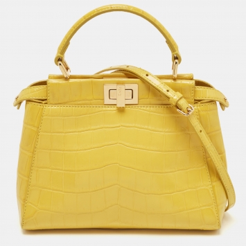 Pre Owned Fendi Yellow Crocodile Leather Mini Peekaboo Top Handle Bag