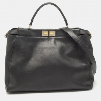 Pre Owned Fendi Black Leather Large Peekaboo Top Handle Bag