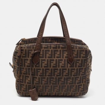 Pre Owned Fendi Tobacco Zucca Canvas and Leather Double Zip Tote