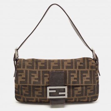 Pre Owned Fendi Brown Zucca Canvas And Leather Baguette Bag