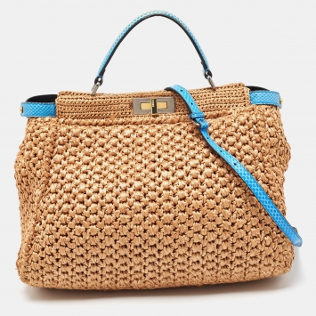 Pre Owned Fendi Beige/Blue Raffia and Watersnake Large Peekaboo Top Handle Bag