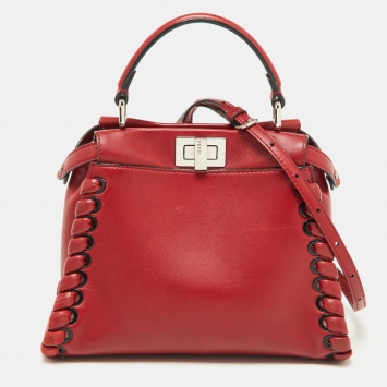 Pre Owned Fendi Red Leather Mini Whipstitch Peekaboo Top Handle Bag