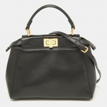 Pre Owned Fendi Black Leather Mini Peekaboo Top Handle Bag