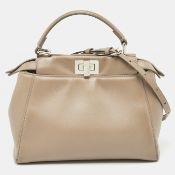 Pre Owned Fendi Dark Beige Leather Mini Peekaboo Top Handle Bag