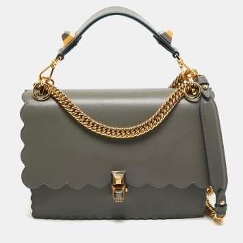 Pre Owned Fendi Grey Scalloped Leather Medium Kan I Shoulder Bag