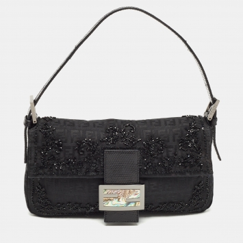 Pre Owned Fendi Black Zucca Canvas and Lizard Embossed Leather Beaded Baguette Bag
