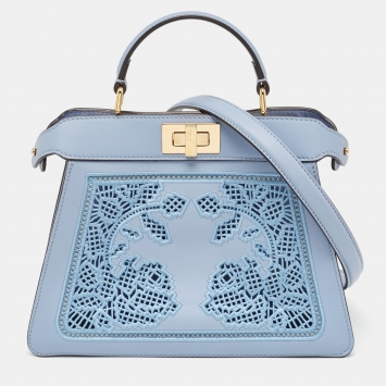 Pre Owned Fendi Light Blue Lasercut Leather Small Peekaboo ISeeU Top Handle Bag