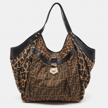 Pre Owned Fendi Tobacco Zucca and Leopard Print Canvas and Leather Large Borsa Chef Hobo
