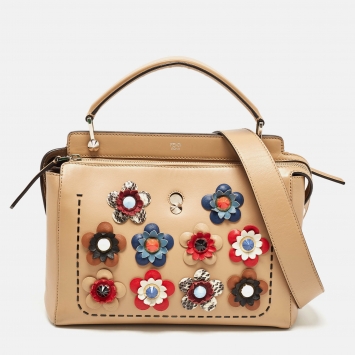 Pre Owned Fendi Beige Leather Flowerland Dotcom Top Handle Bag