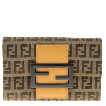 Pre Owned Fendi Beige/Peach Zucchino Canvas Compact Wallet