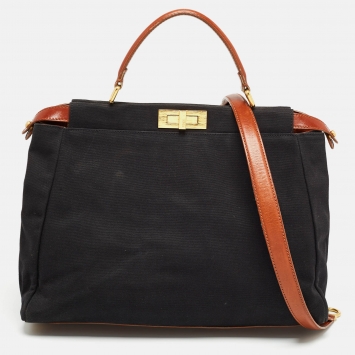 Pre Owned Fendi Black/Brown Leather and Canvas Large Peekaboo Top Handle Bag