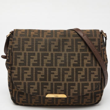 Pre Owned Fendi Tobacco Zucca Canvas and Leather Flap Crossbody Bag