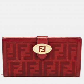 Pre Owned Fendi Red Zucca Canvas and Leather Flap Continental Wallet