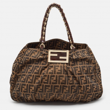 Pre Owned Fendi Tobacco Zucca Canvas and Patent Leather Large Mia Hobo