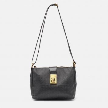 Pre Owned Fendi Black Zuchinno Coated Canvas and Leather Clasp Crossbody Bag 