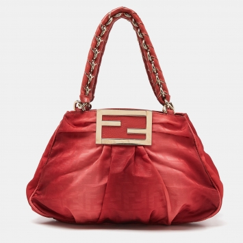 Pre Owned Fendi Red Zucca Canvas and Leather Small Mia Hobo