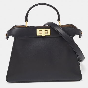 Pre Owned Fendi Black Leather Small Peekaboo ISeeU Top Handle Bag